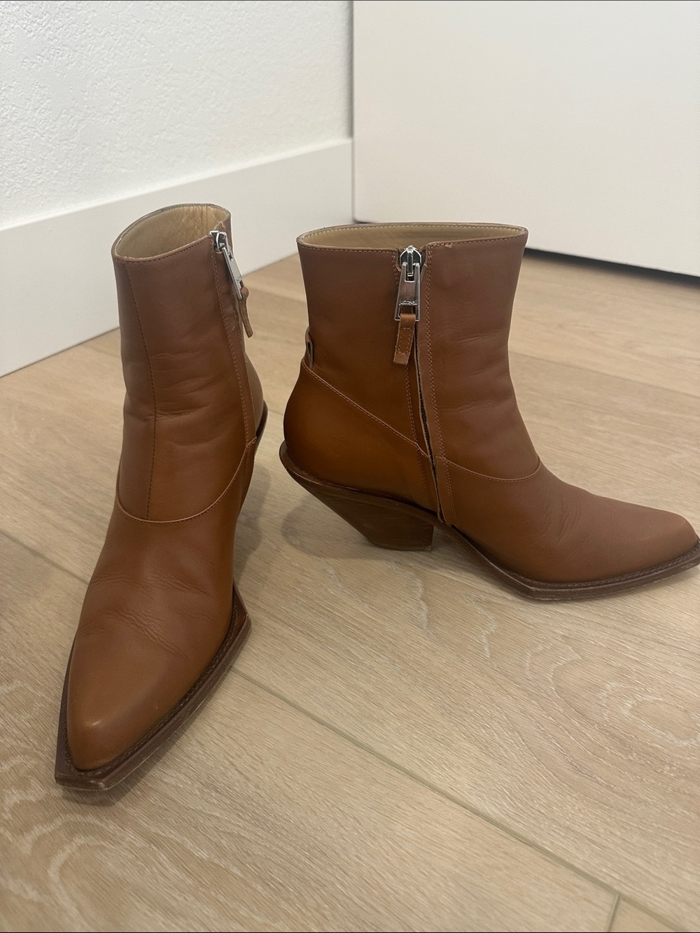 Women's Tan Leather Pointed Ankle Booties with Side Zip
